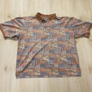 Paradise Blue Polo Shirt Mens XL Multicolor Tropical Patchwork Short Sleeve